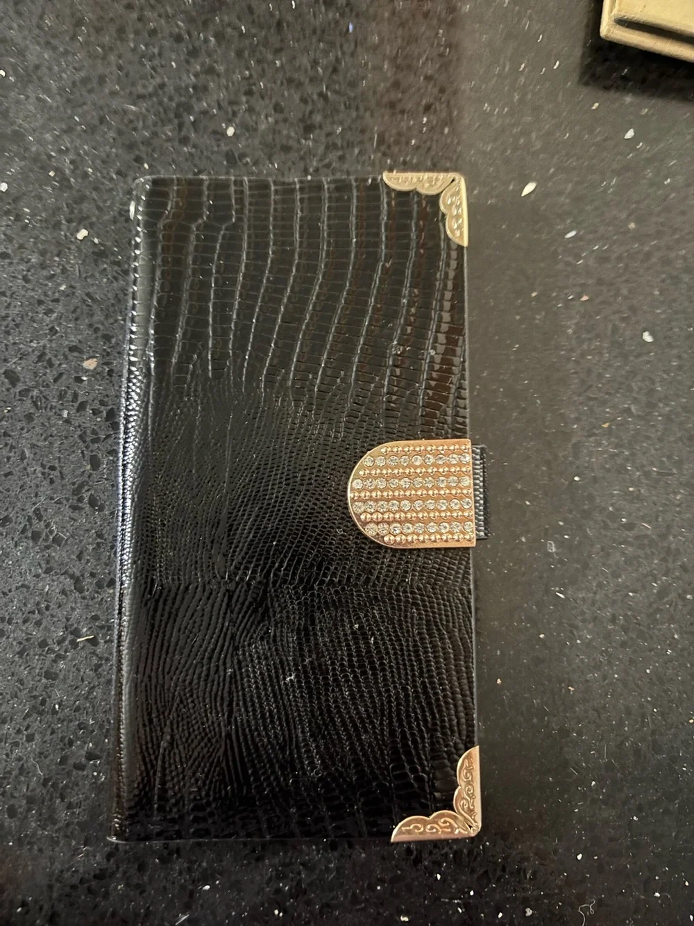 Black Croc-Texture Wallet Phone Case with Gold Accents